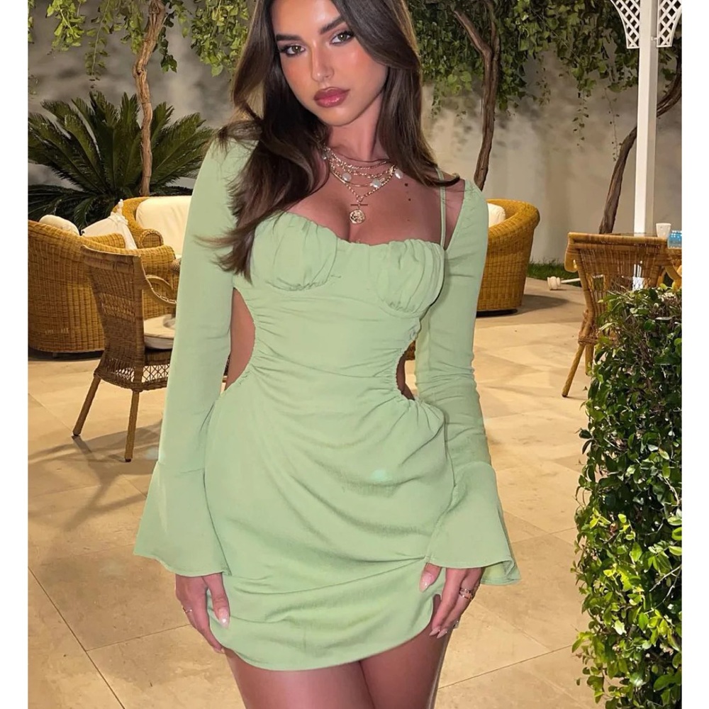 White Fox Boutique please hold long sleeve mini dress matcha